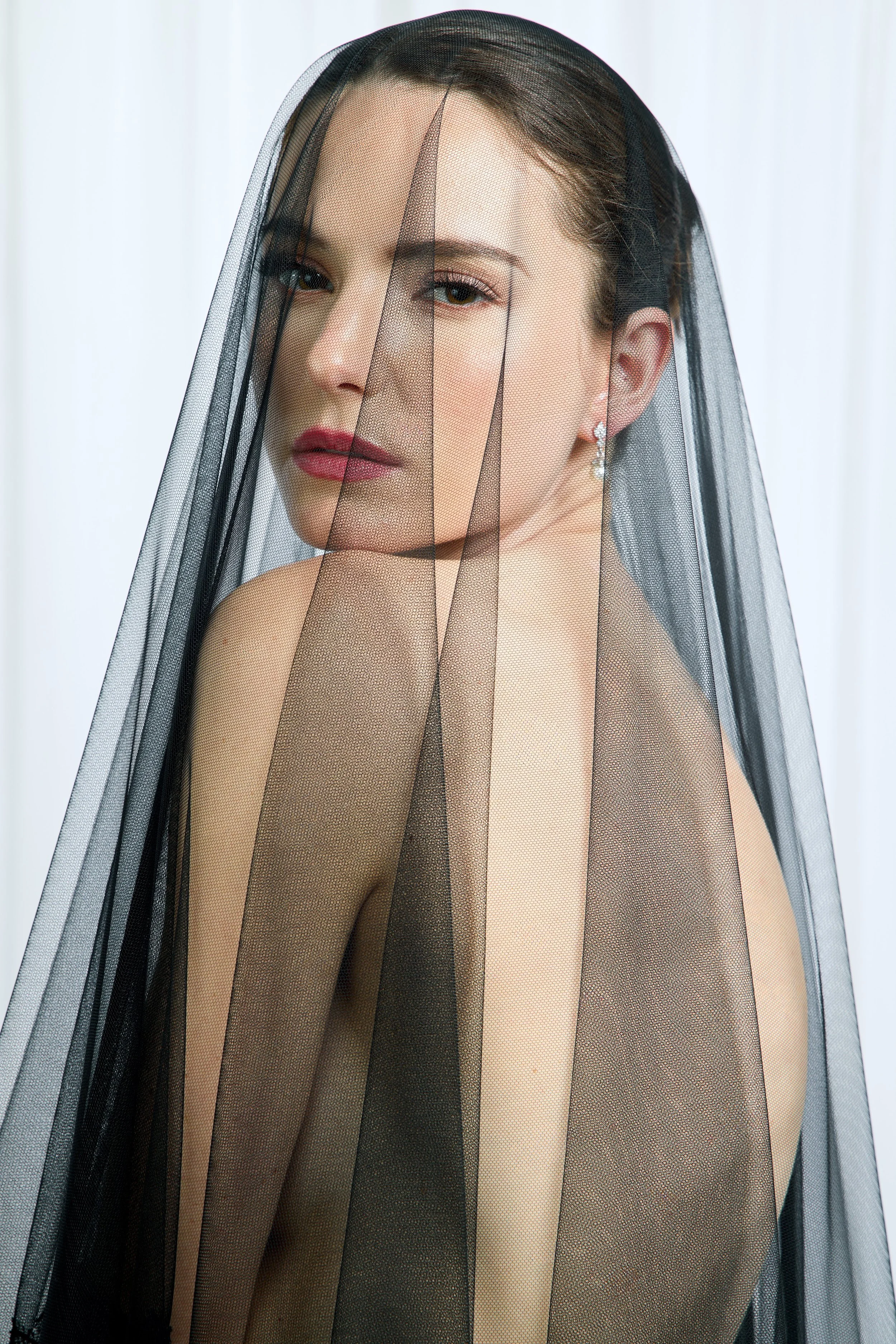 Modern BLACK <br/>Drop Single Tier Bridal Veil Made Out of Italian